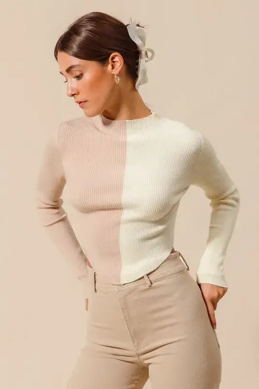 Taupe Ivory Color Block Fitted Crop Sweater Top - Chic Style, Sweaters, $ 49.00, A Moment Of Now™