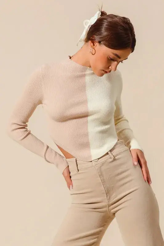 Taupe Ivory Color Block Fitted Crop Sweater Top - Chic Style, Sweaters, $ 49.00, A Moment Of Now™