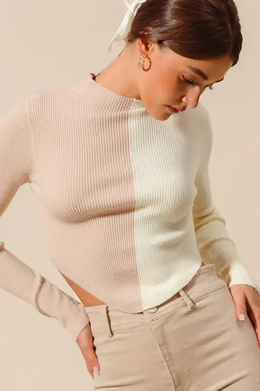 Taupe Ivory Color Block Fitted Crop Sweater Top - Chic Style, Sweaters, $ 49.00, A Moment Of Now™