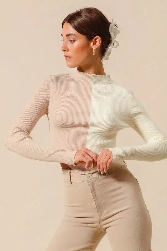 Taupe Ivory Color Block Fitted Crop Sweater Top - Chic Style, Sweaters, $ 49.00, A Moment Of Now™