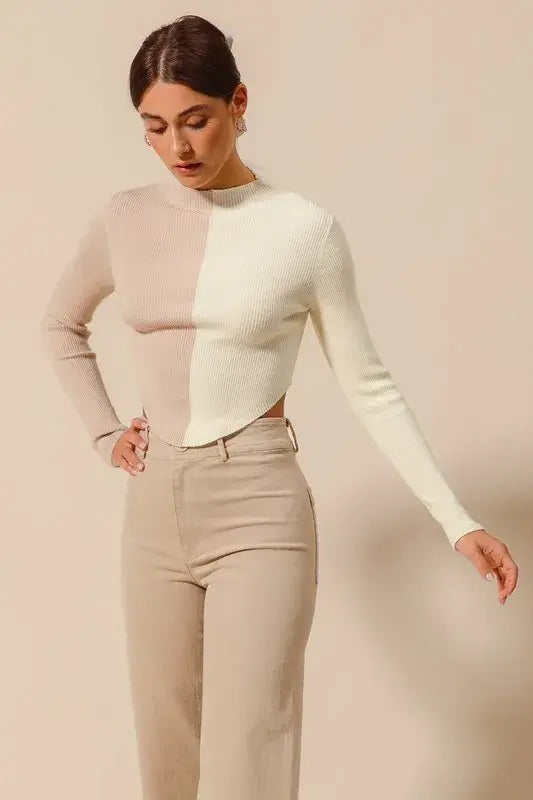 Taupe Ivory Color Block Fitted Crop Sweater Top - Chic Style, Sweaters, $ 49.00, A Moment Of Now™