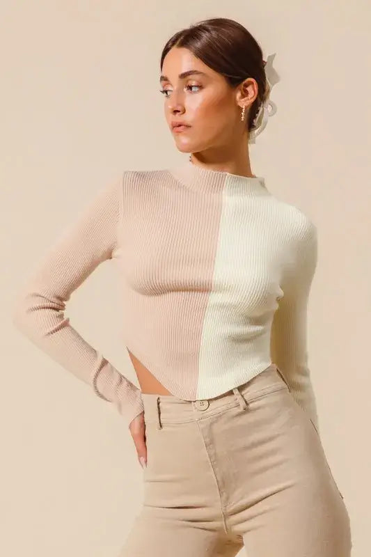 Taupe Ivory Color Block Fitted Crop Sweater Top - Chic Style, Sweaters, $ 49.00, A Moment Of Now™