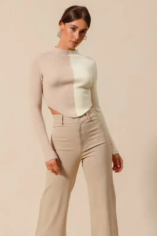 Taupe Ivory Color Block Fitted Crop Sweater Top - Chic Style, Sweaters, $ 49.00, A Moment Of Now™