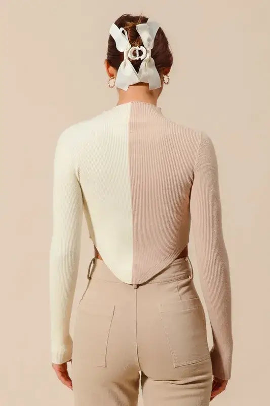 Taupe Ivory Color Block Fitted Crop Sweater Top - Chic Style, Sweaters, $ 49.00, A Moment Of Now™