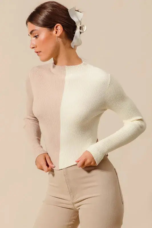 Taupe Ivory Color Block Fitted Crop Sweater Top - Chic Style, Sweaters, $ 49.00, A Moment Of Now™
