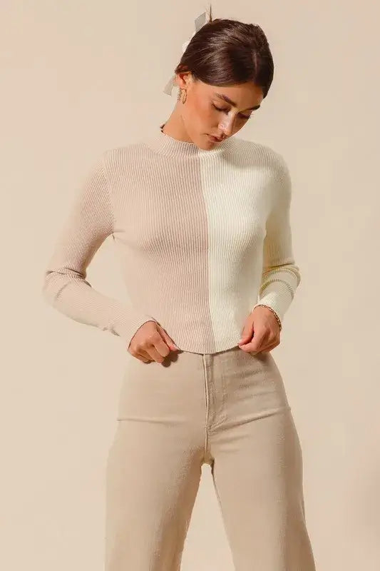 Taupe Ivory Color Block Fitted Crop Sweater Top - Chic Style, Sweaters, $ 49.00, A Moment Of Now™