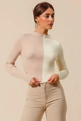 Taupe Ivory Color Block Fitted Crop Sweater Top - Chic Style, Sweaters, $ 49.00, A Moment Of Now™