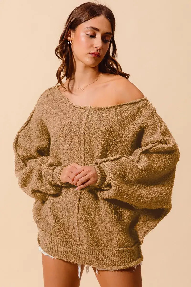 Taupe Loose Fit Exposed Seam Slouchy Boucle Sweater Offer, Sweaters, $ 61.00, A Moment Of Now™