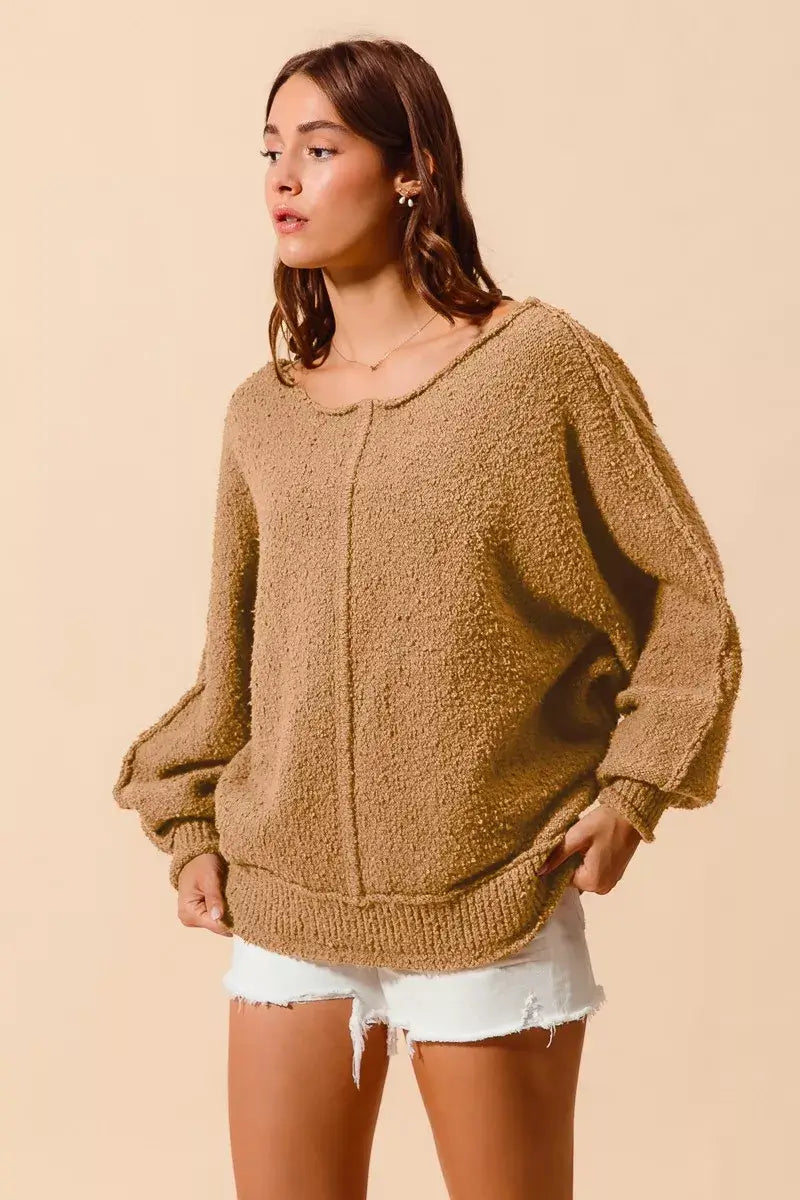 Taupe Loose Fit Exposed Seam Slouchy Boucle Sweater Offer, Sweaters, $ 61.00, A Moment Of Now™