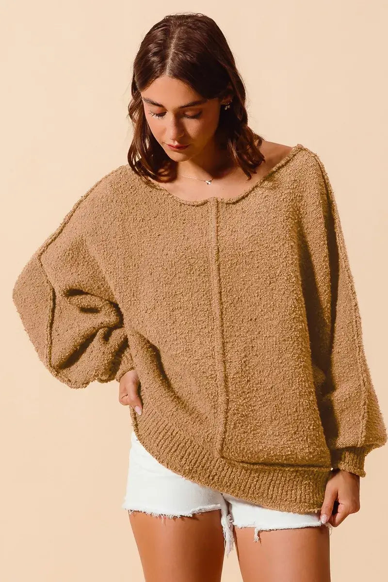Taupe Loose Fit Exposed Seam Slouchy Boucle Sweater Offer, Sweaters, $ 61.00, A Moment Of Now™
