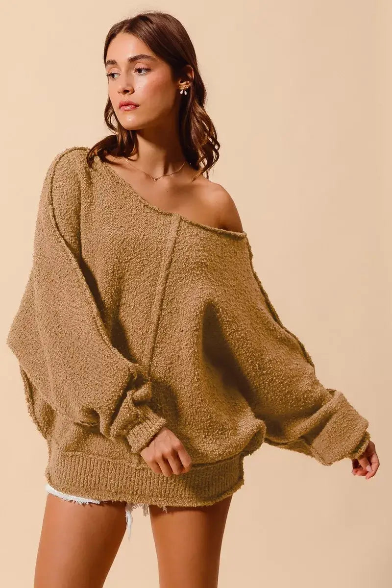Taupe Loose Fit Exposed Seam Slouchy Boucle Sweater Offer, Sweaters, $ 61.00, A Moment Of Now™
