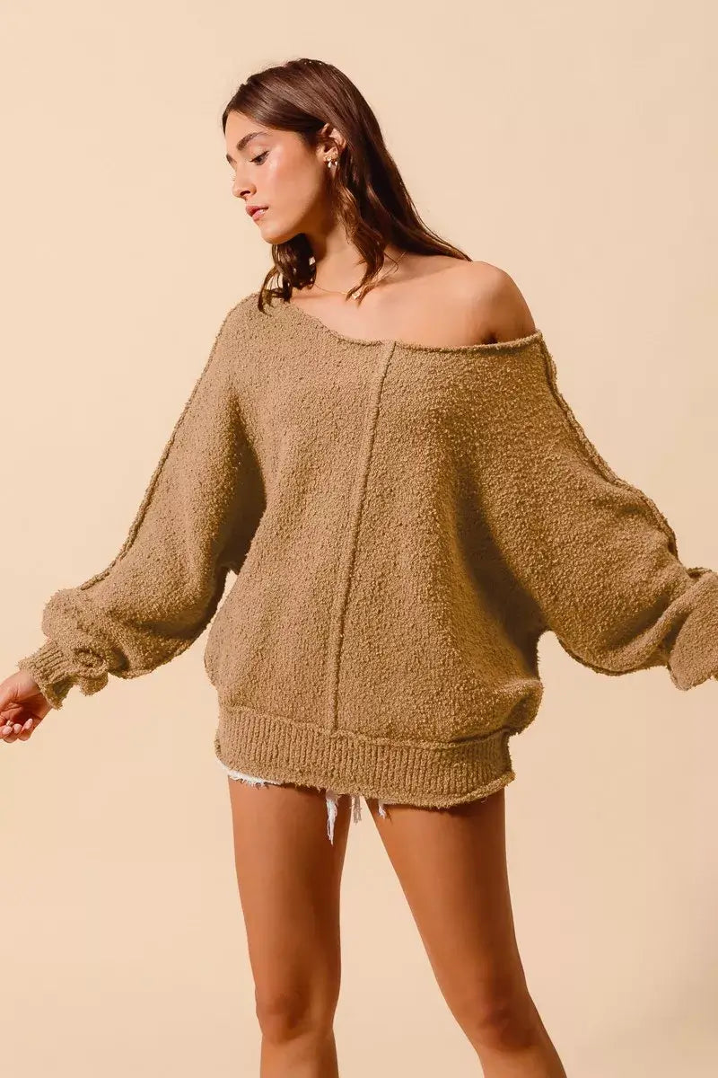 Taupe Loose Fit Exposed Seam Slouchy Boucle Sweater Offer, Sweaters, $ 61.00, A Moment Of Now™