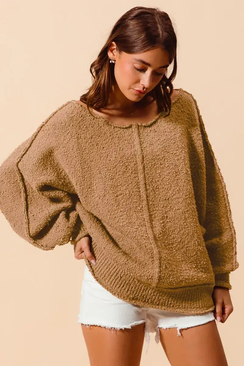 Taupe Loose Fit Exposed Seam Slouchy Boucle Sweater Offer, Sweaters, $ 61.00, A Moment Of Now™