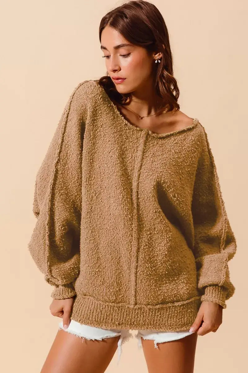 Taupe Loose Fit Exposed Seam Slouchy Boucle Sweater Offer, Sweaters, $ 61.00, A Moment Of Now™