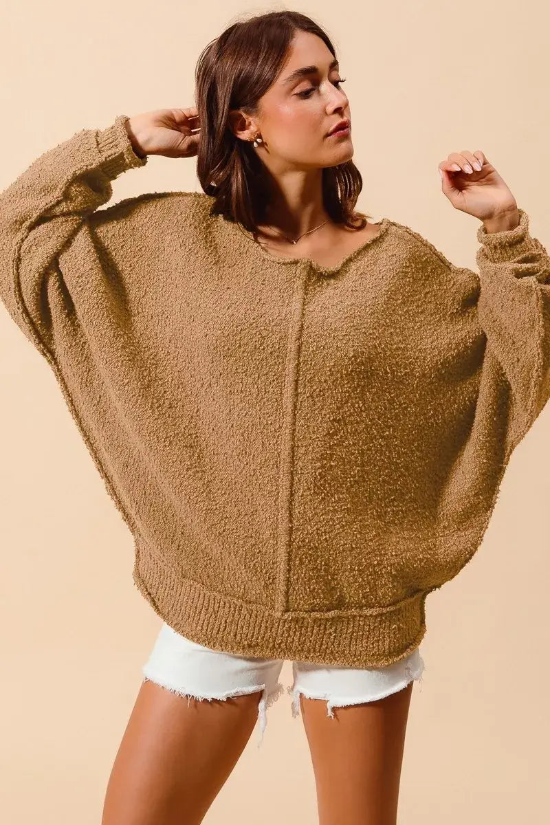 Taupe Loose Fit Exposed Seam Slouchy Boucle Sweater Offer, Sweaters, $ 61.00, A Moment Of Now™