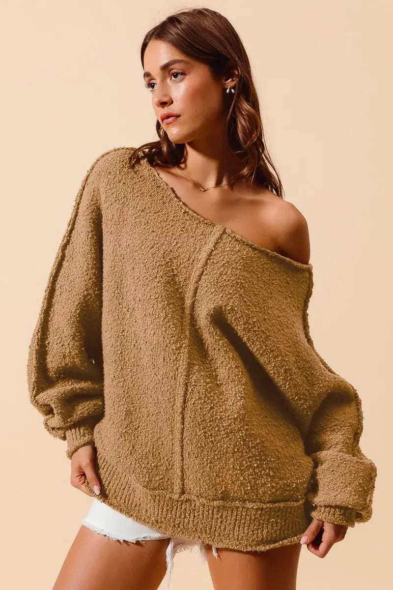 Taupe Loose Fit Exposed Seam Slouchy Boucle Sweater Offer, Sweaters, $ 61.00, A Moment Of Now™