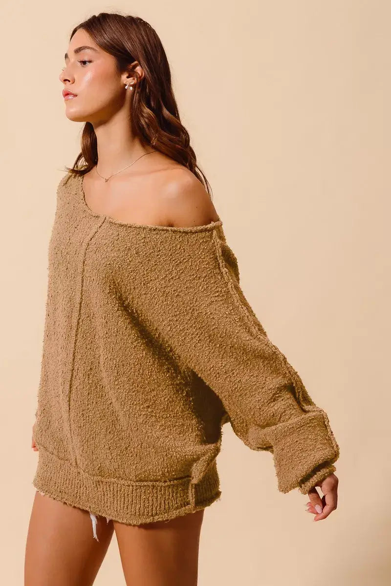 Taupe Loose Fit Exposed Seam Slouchy Boucle Sweater Offer, Sweaters, $ 61.00, A Moment Of Now™