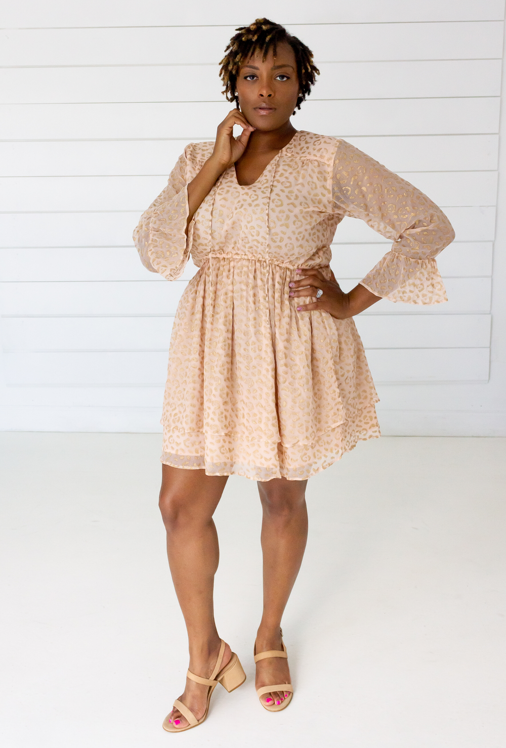 Leopard Chiffon Dress in Blush + Gold | Boutique In USA, Dresses, $ 180.00, A Moment Of Now™