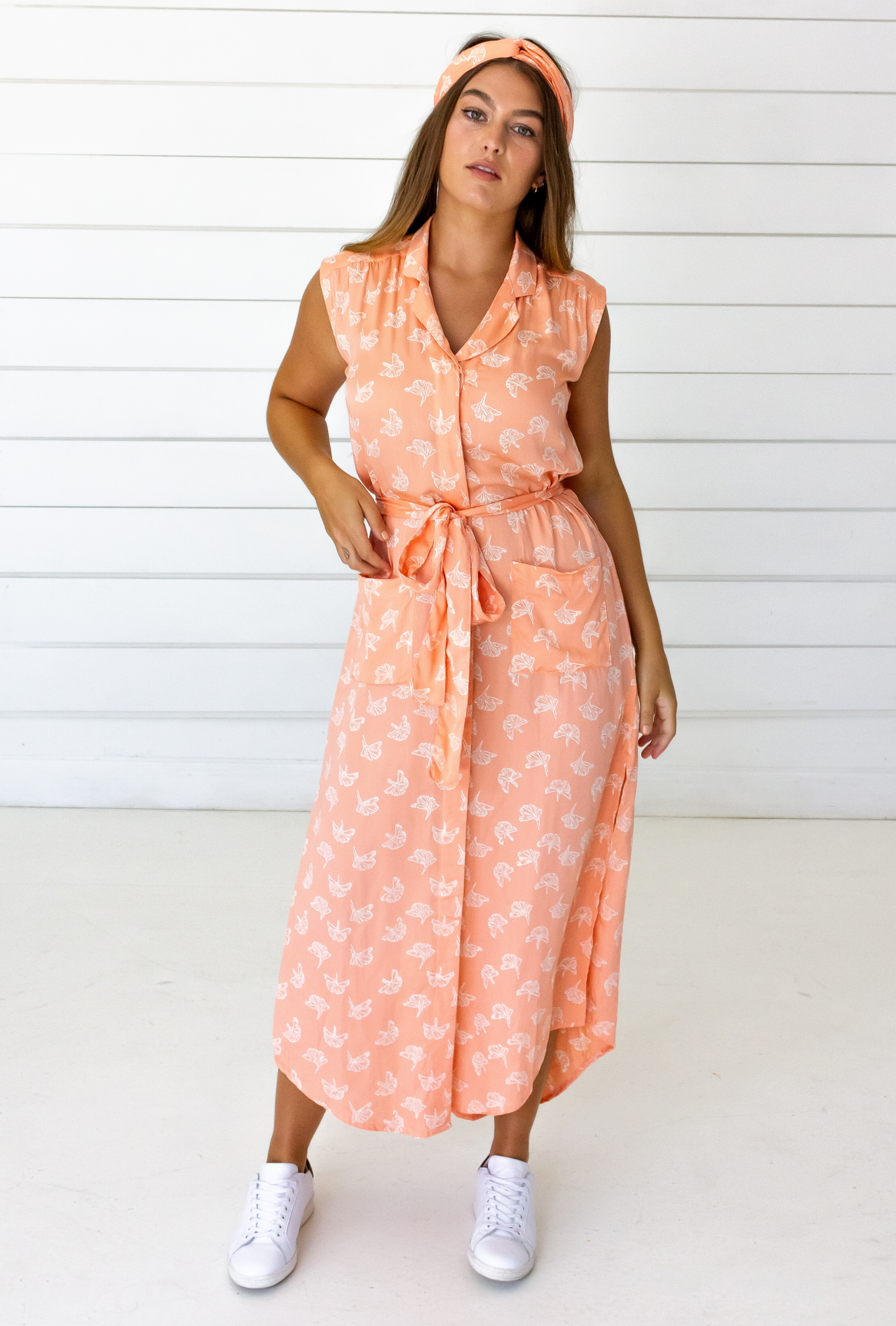 Ginkgo Leaf Shirtdress in Peach + Cream | Boutique In USA, Dresses, $ 140.00, A Moment Of Now™
