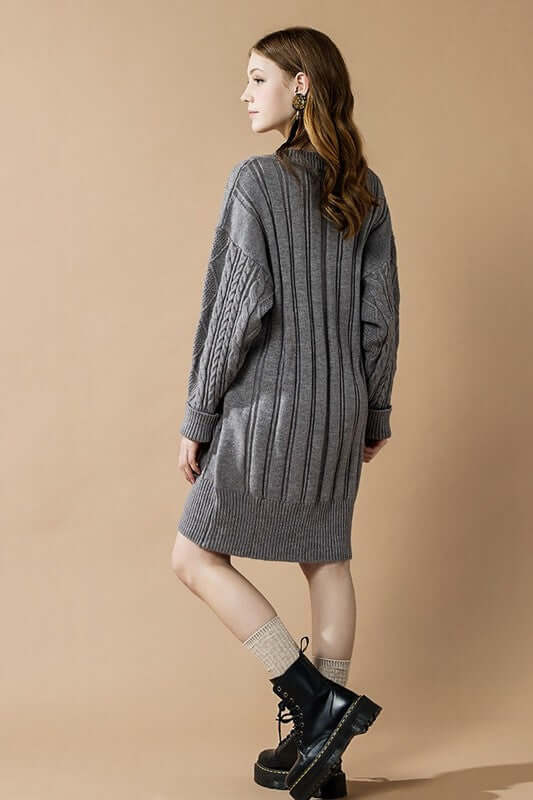 V-Neck Ribbed Hem Cable Knit Sweater Dress - Timeless Style A Moment Of Now V-Neck Ribbed Hem Cable Knit Sweater Dress - Timeless Style A Moment Of Now