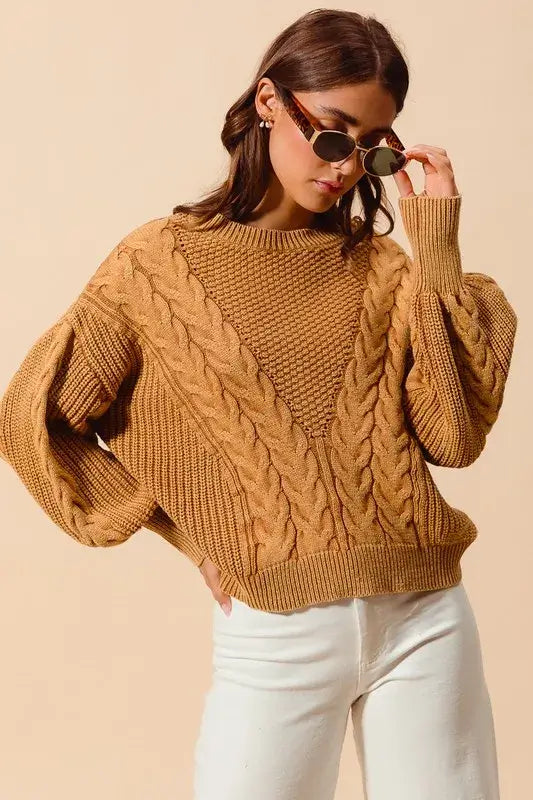 Vintage Camel Loose Fit Textured Cable Sweater - Timeless Style, Sweaters, $ 65.00, A Moment Of Now™