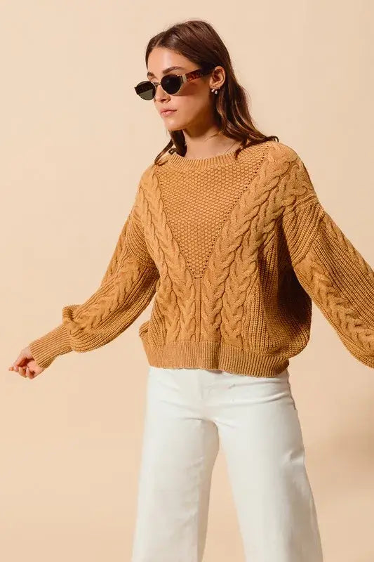 Vintage Camel Loose Fit Textured Cable Sweater - Timeless Style, Sweaters, $ 65.00, A Moment Of Now™