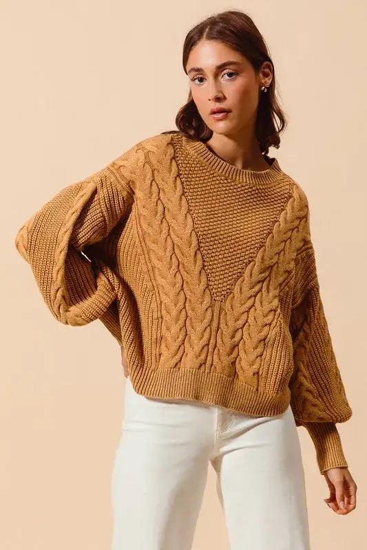 Vintage Camel Loose Fit Textured Cable Sweater - Timeless Style, Sweaters, $ 65.00, A Moment Of Now™