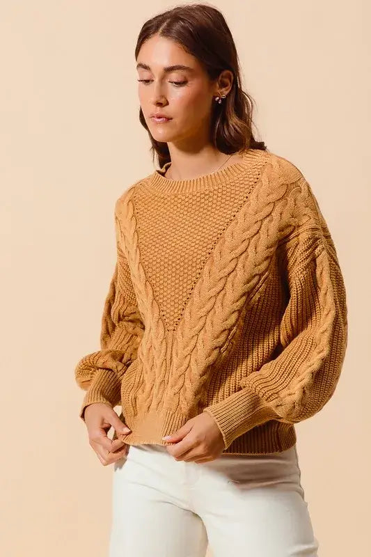 Vintage Camel Loose Fit Textured Cable Sweater - Timeless Style, Sweaters, $ 65.00, A Moment Of Now™