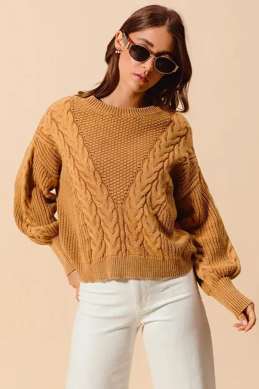 Vintage Camel Loose Fit Textured Cable Sweater - Timeless Style, Sweaters, $ 65.00, A Moment Of Now™