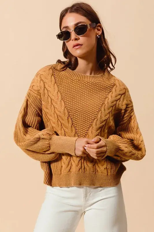 Vintage Camel Loose Fit Textured Cable Sweater - Timeless Style, Sweaters, $ 65.00, A Moment Of Now™