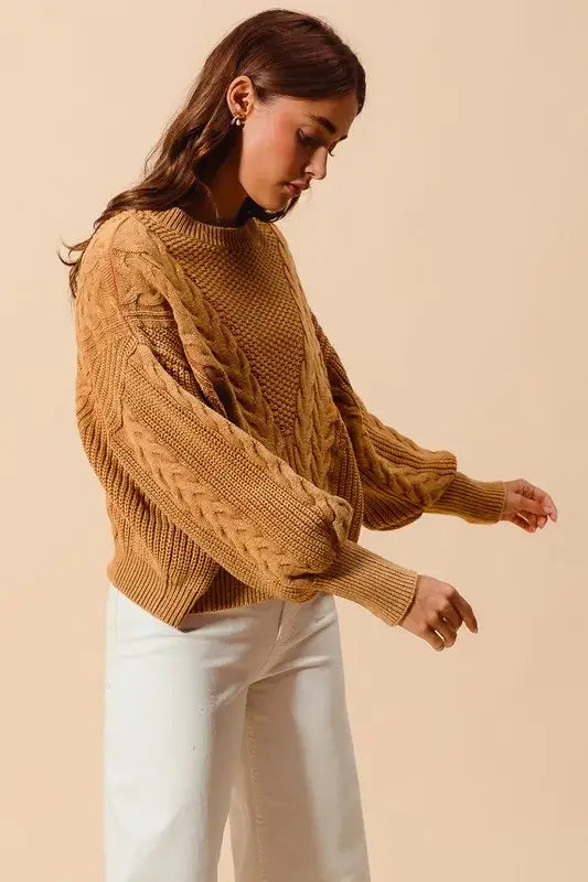 Vintage Camel Loose Fit Textured Cable Sweater - Timeless Style, Sweaters, $ 65.00, A Moment Of Now™