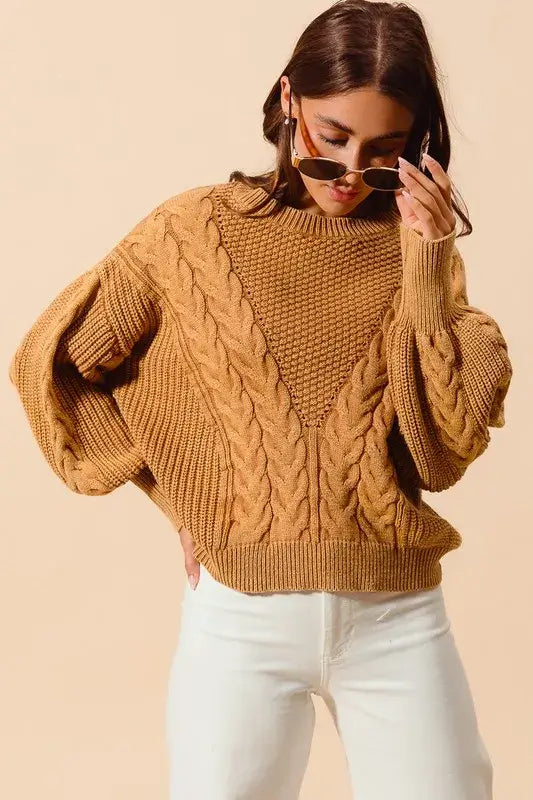Vintage Camel Loose Fit Textured Cable Sweater - Timeless Style, Sweaters, $ 65.00, A Moment Of Now™
