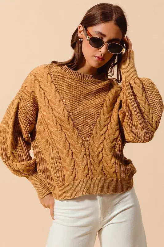 Vintage Camel Loose Fit Textured Cable Sweater - Timeless Style, Sweaters, $ 65.00, A Moment Of Now™