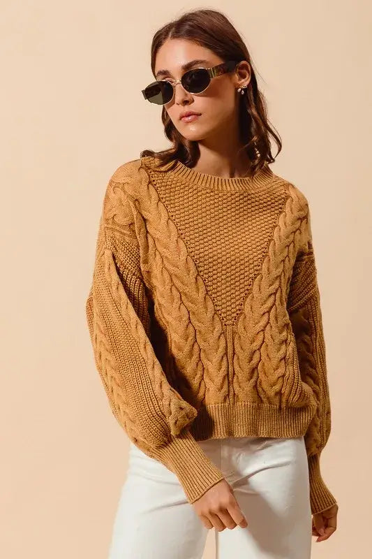 Vintage Camel Loose Fit Textured Cable Sweater - Timeless Style, Sweaters, $ 65.00, A Moment Of Now™