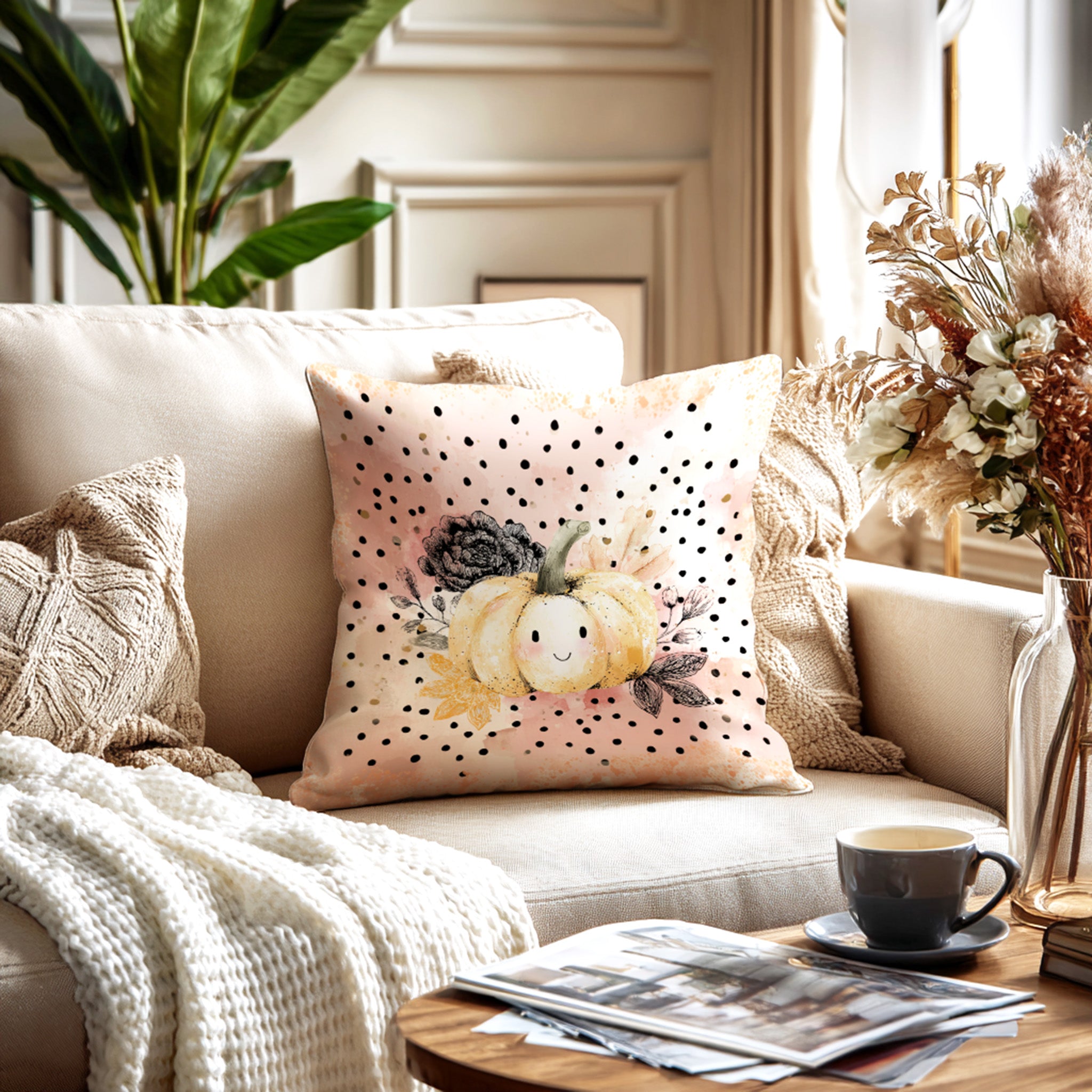 Autumn Watercolor Pumpkin Throw Pillow – Seasonal Farmhouse Cushion