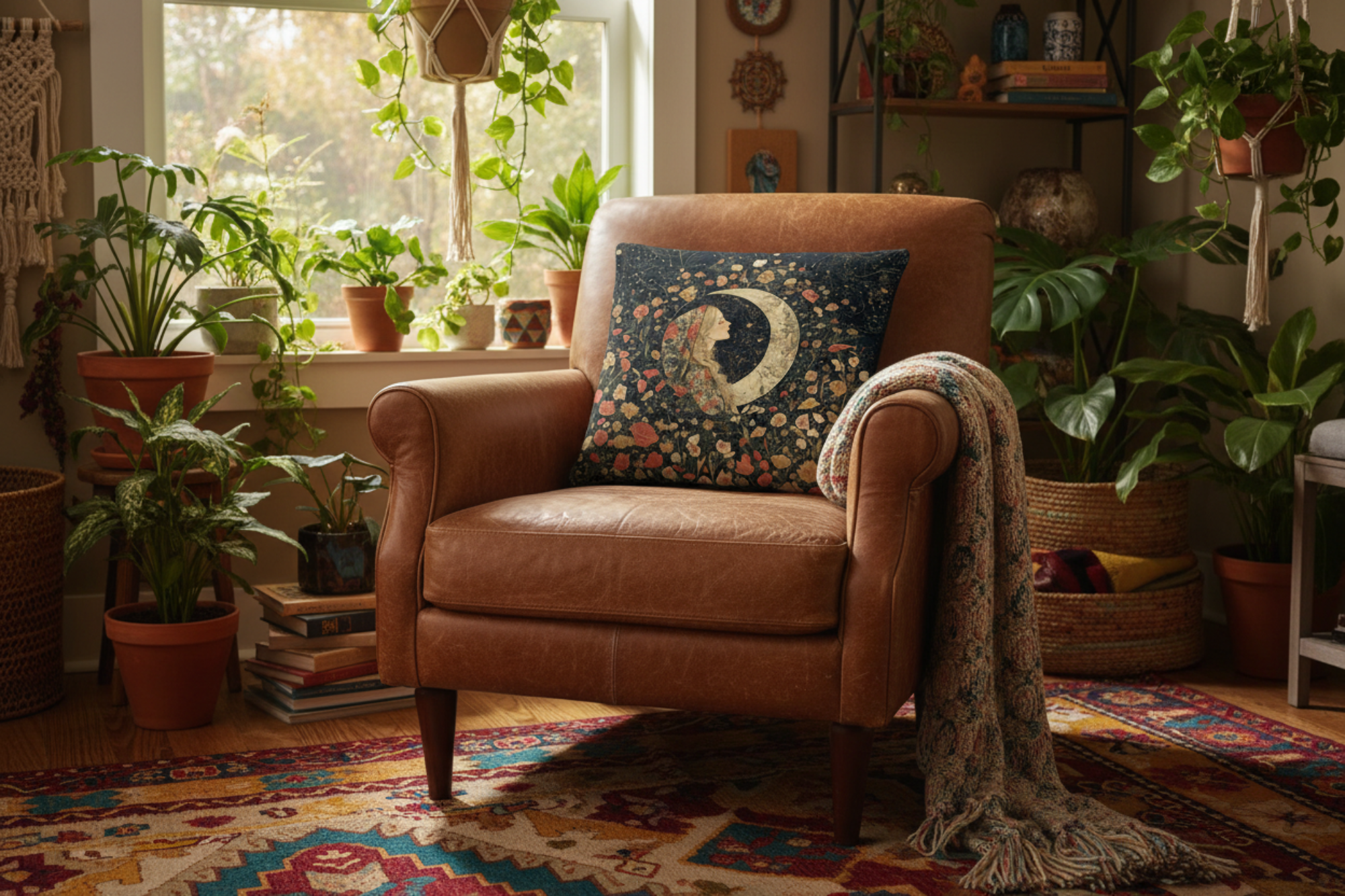 William Morris–Inspired Floral Moon Girl Decorative Throw Pillow, Throw Pillows, $ 55.00, A Moment Of Now™