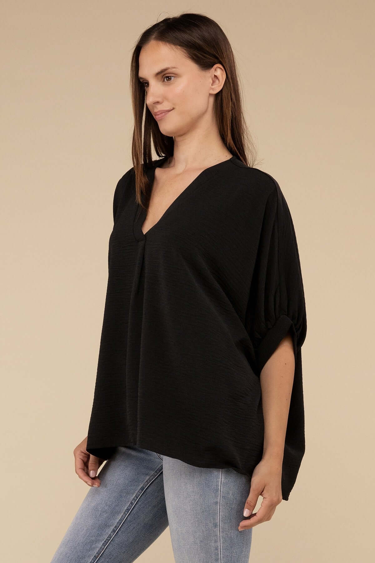 Women's Woven Airflow V-Neck Puff Half Sleeve Top | USA Boutique, ZENANA, $ 28.95