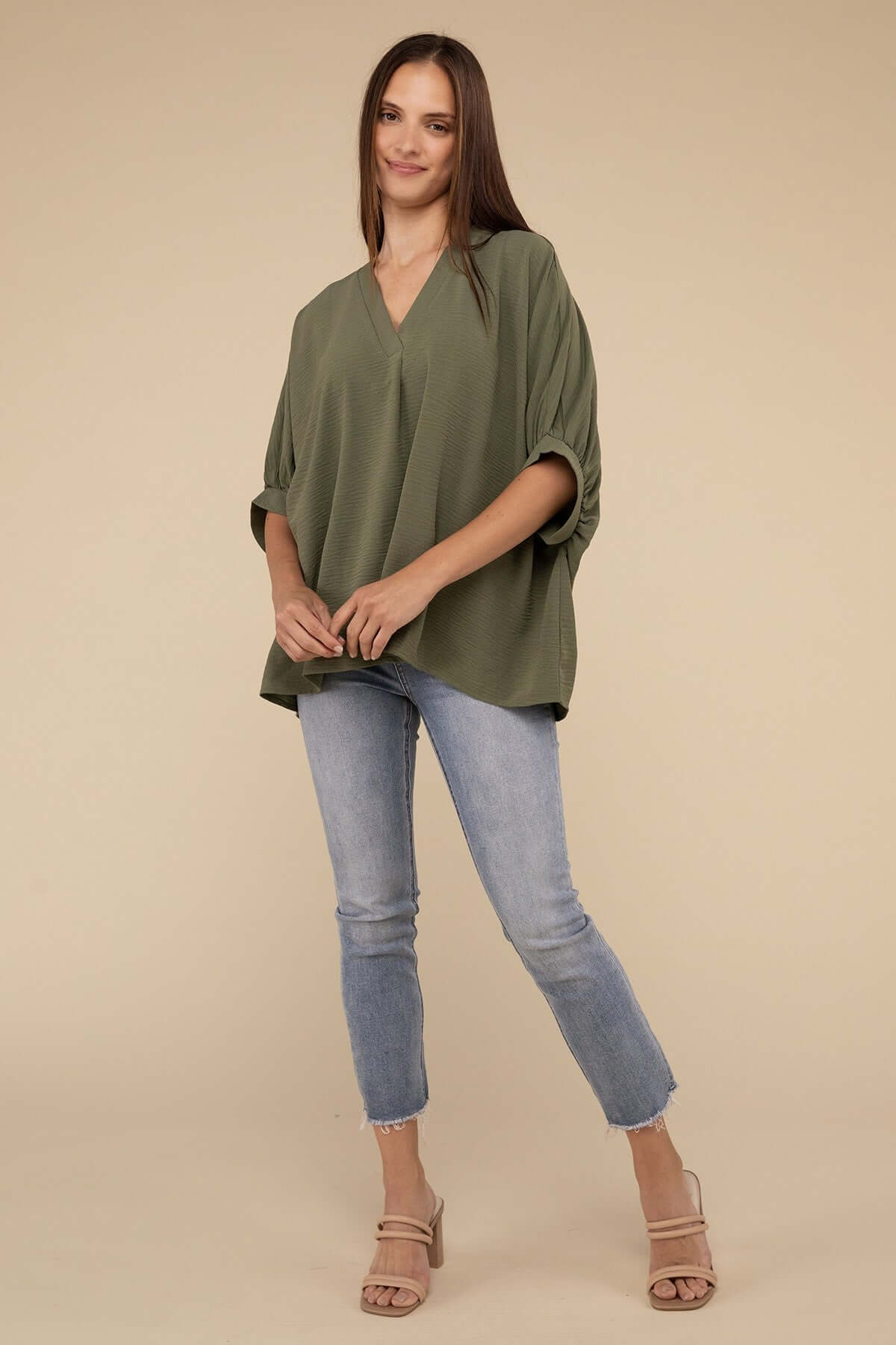 Women's Woven Airflow V-Neck Puff Half Sleeve Top | USA Boutique, ZENANA, $ 28.95