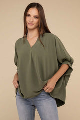 Women's Woven Airflow V-Neck Puff Half Sleeve Top | USA Boutique, ZENANA, $ 28.95