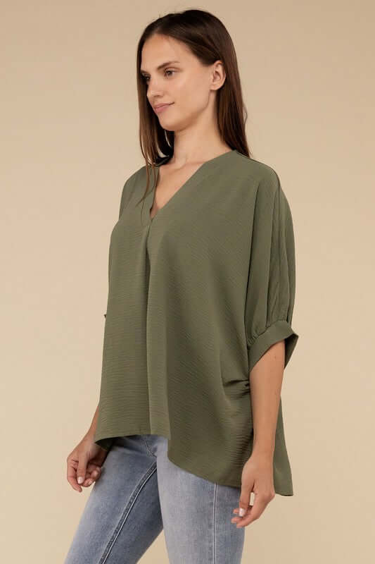 Women's Woven Airflow V-Neck Puff Half Sleeve Top | USA Boutique, ZENANA, $ 28.95