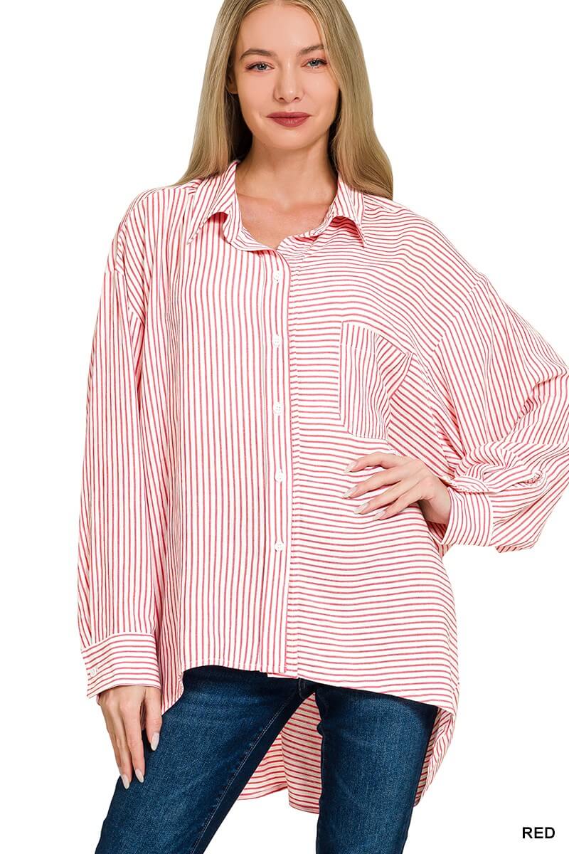 Zenana Woven Stripe Button Down Shirt | Classic Versatile Blouse, Shirts, $ 39.00, A Moment Of Now™