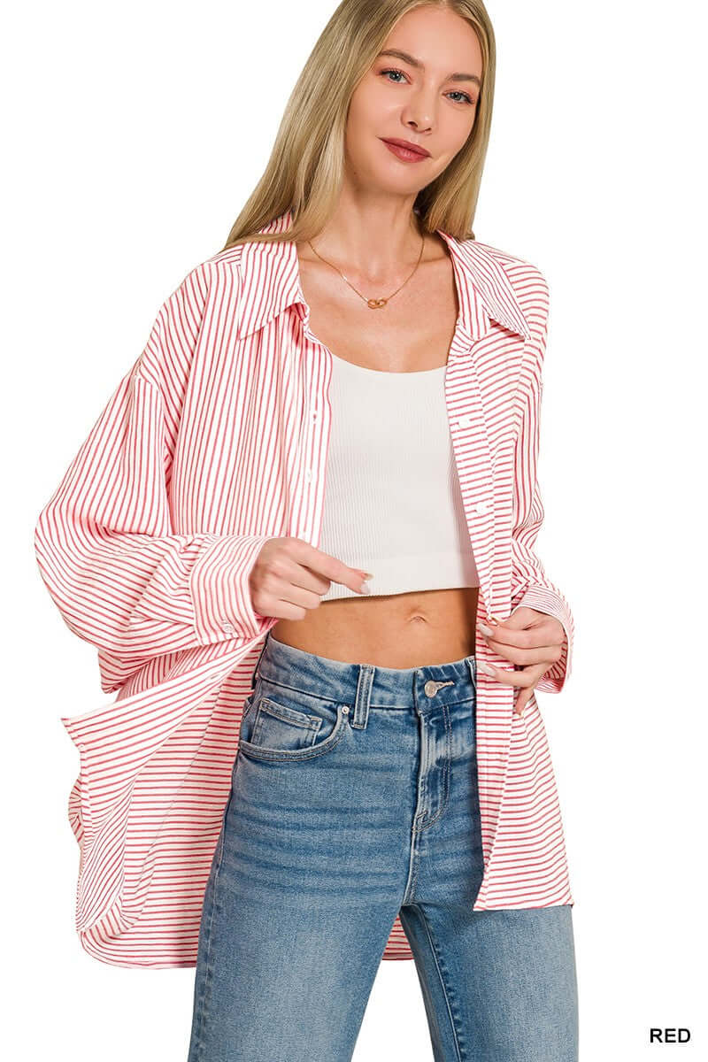 Zenana Woven Stripe Button Down Shirt | Classic Versatile Blouse, Shirts, $ 39.00, A Moment Of Now™