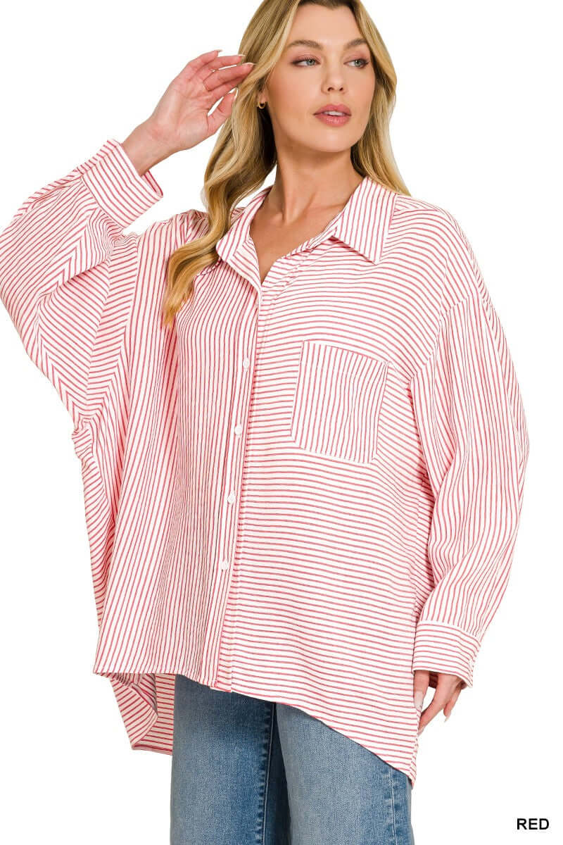 Zenana Woven Stripe Button Down Shirt | Classic Versatile Blouse, Shirts, $ 39.00, A Moment Of Now™