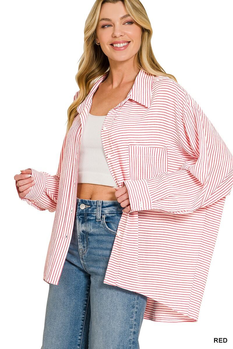 Zenana Woven Stripe Button Down Shirt | Classic Versatile Blouse, Shirts, $ 39.00, A Moment Of Now™