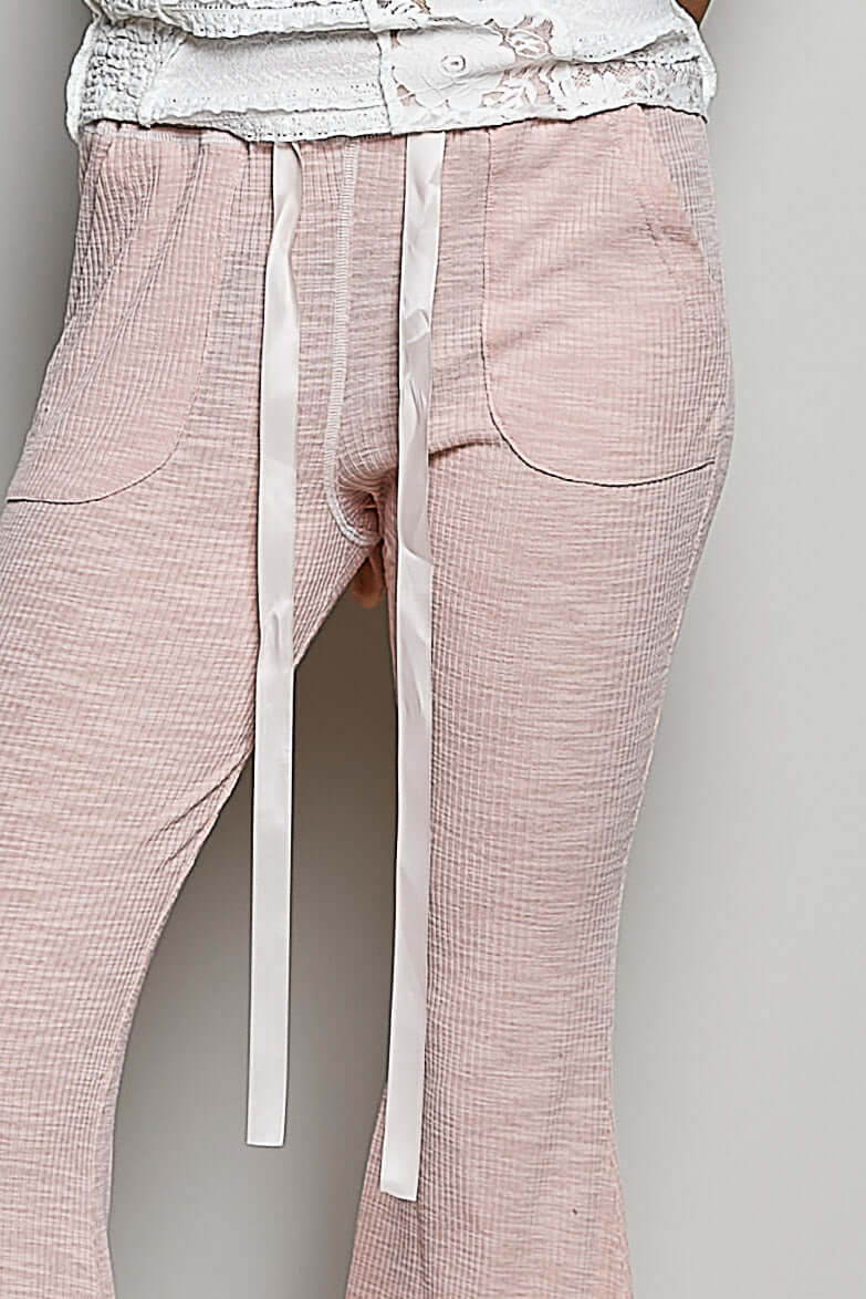 Blush Pink Drawstring Ribbed Knit Flare Pants | POL, Pants, $ 65.00, A Moment Of Now™