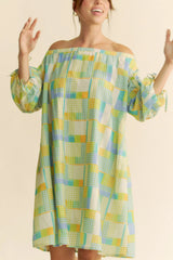 Blue Cream Off Shoulder Mini Dress - Summer Chic, Dresses, $ 55.00, A Moment Of Now™