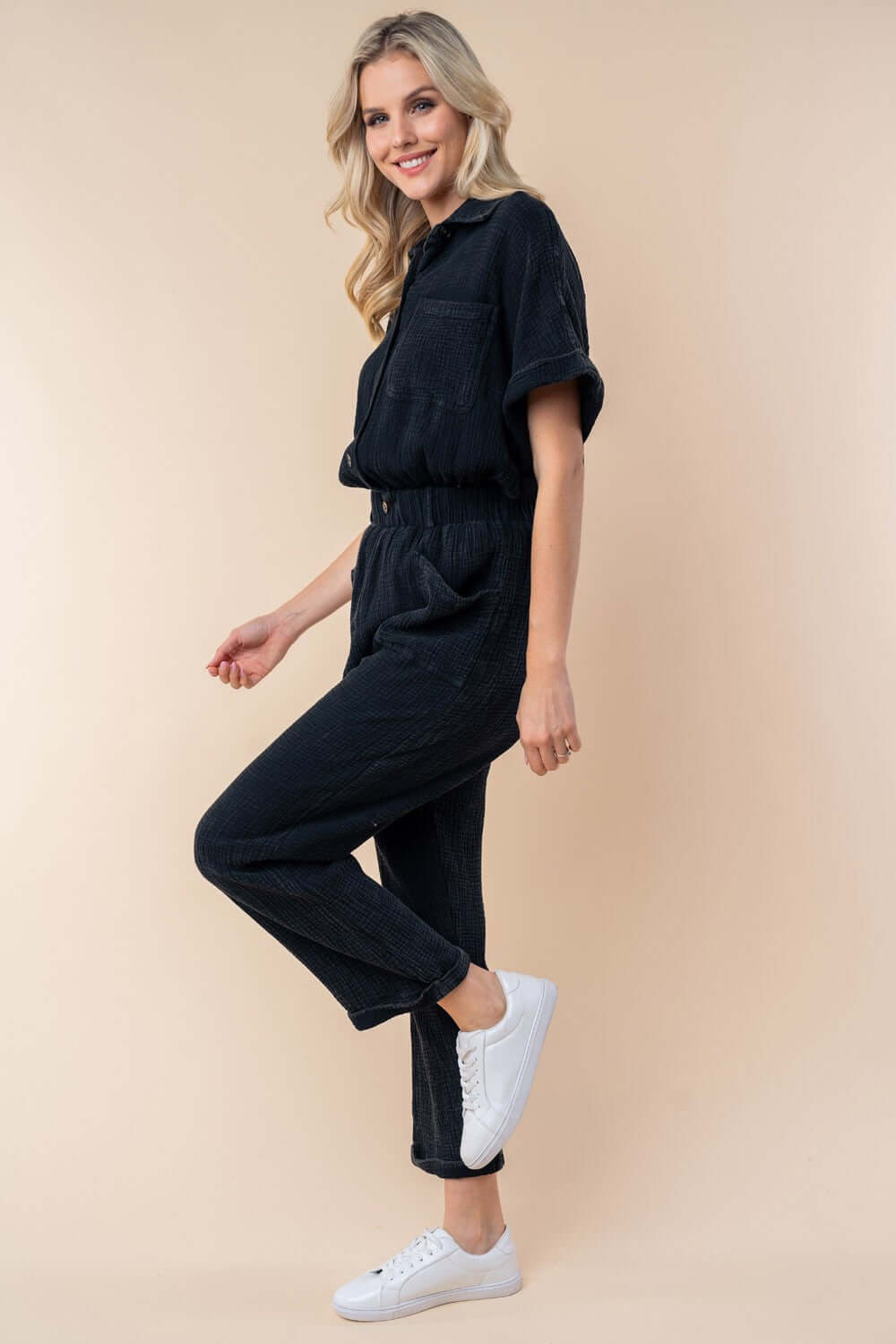 Black Texture Short Sleeve Jumpsuit, White Birch, $ 59.00