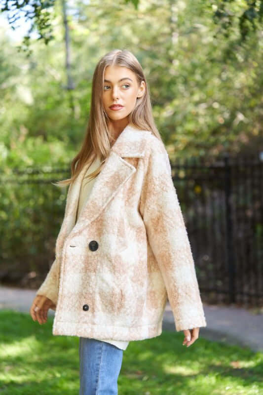 Fuzzy Boucle Textured Double Breasted Plaid Coat Jacket, Davi & Dani, $ 73.95