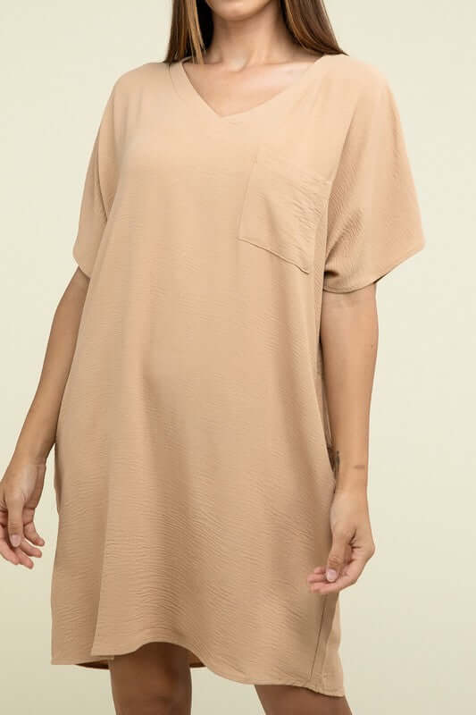 Causal Woven Airflow V Neck T-Shirt Dress with Pockets, ZENANA, $ 36.95