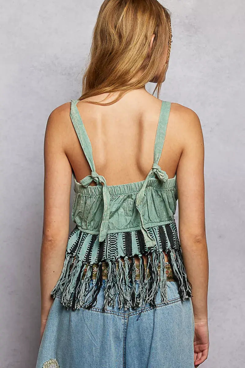 Sage Lace-Up Fringe Hem Tank with Lace Detail Boho Fashion Clothing, Tank Tops, $ 47.00, A Moment Of Now™